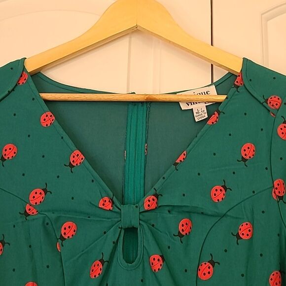 Unique Vintage Green Dress Red Lady Bug Print Key Hole Neck Size 10-12 NWT - Picture 3 of 15